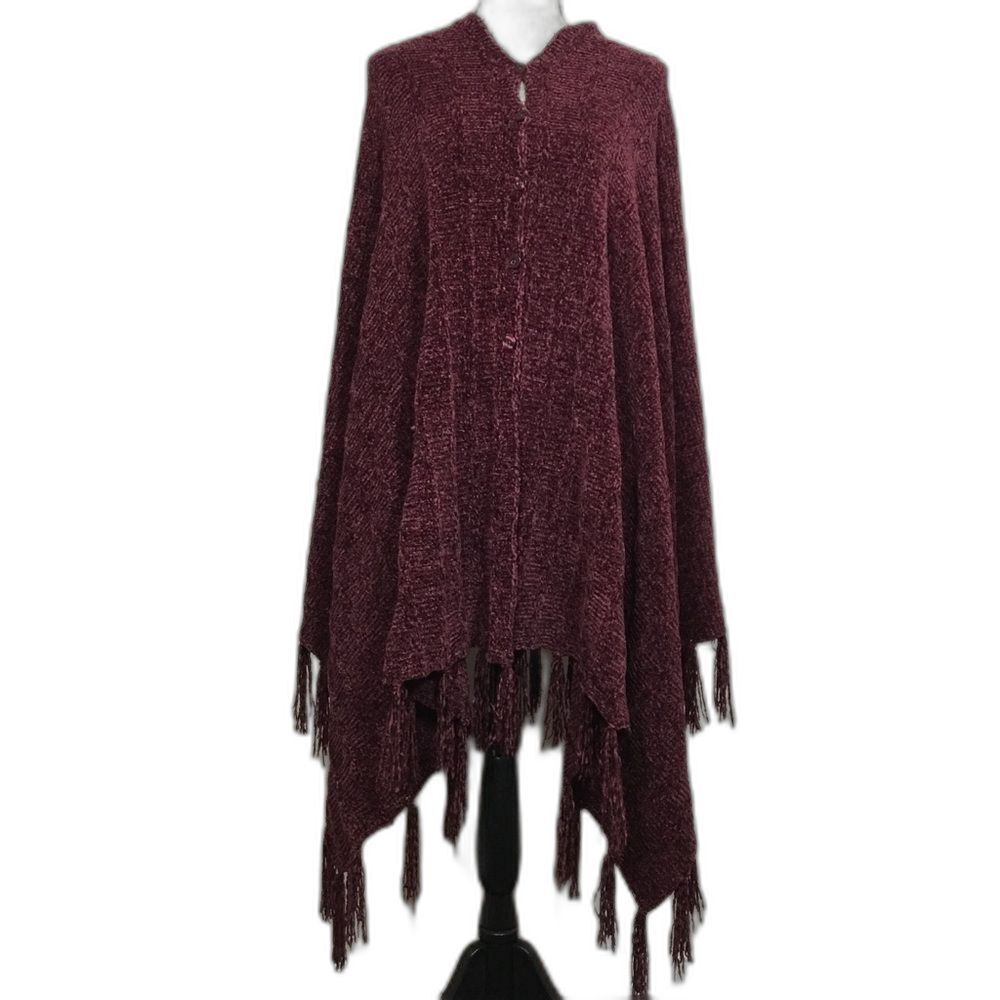 Wine color knit poncho cloak with buttons asymmetrical long fringe one size cozy
